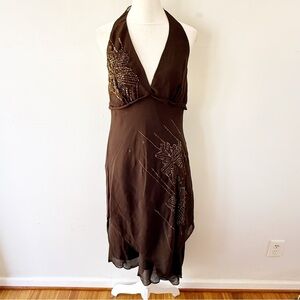 Vintage Women Y2K Beaded Asymmetrical Halter Dress Size 8 Fairy Chocolate Brown
